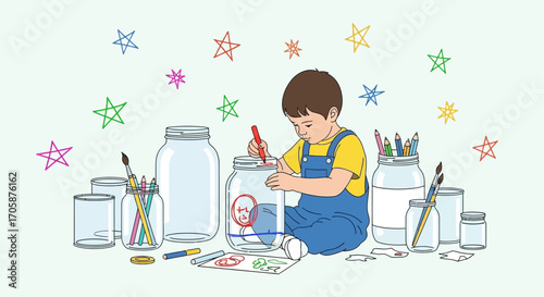 Child Creative Illustration Of The Art Process Using Jars,Pencils, Brushes And Stars