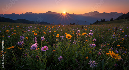 Fototapeta Naklejka Na Ścianę i Meble -  A beautiful mountain meadow with colorful wildflowers blooms at a golden sunset, a peaceful and idyllic alpine summer evening.