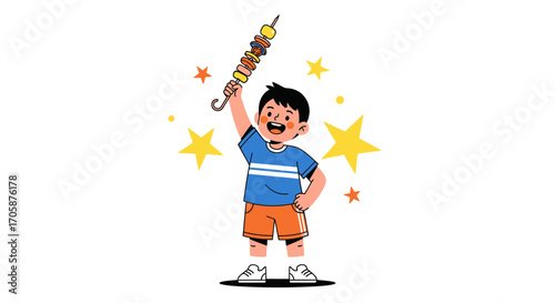 Child Ecstatically Displaying a Delicious Skewer of Grilled Food with Festive Star Embellishments