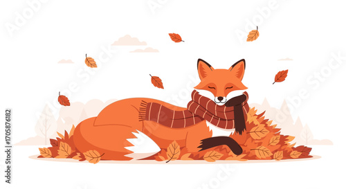 Cozy Fox Resting Amongst Falling Autumn Leaves, Sporting a Stylish Scarf and Enjoying the Season
