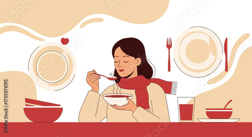 Cozy Mealtime: Woman Savoring Soup, A Warm And Comforting Dinner Illustration
