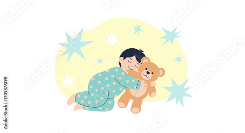 Child Embracing Plush Toy Amidst Stars With Sense of Peaceful Slumber and Imaginative Dreamscape