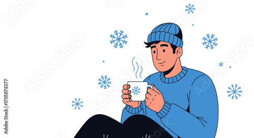 Cozy Winter Moments: A Man Enjoying Warm Drink Surrounded By Snowflakes Serenity