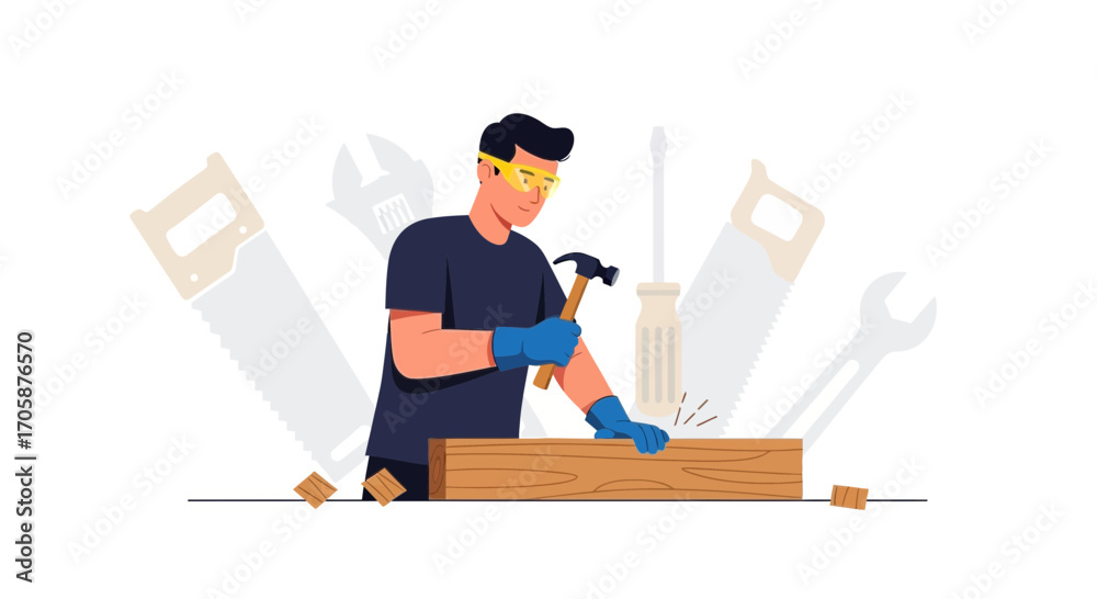 Fototapeta premium Craftsman Focused on Woodworking with Relevant Tools and a Clean Vector Aesthetic