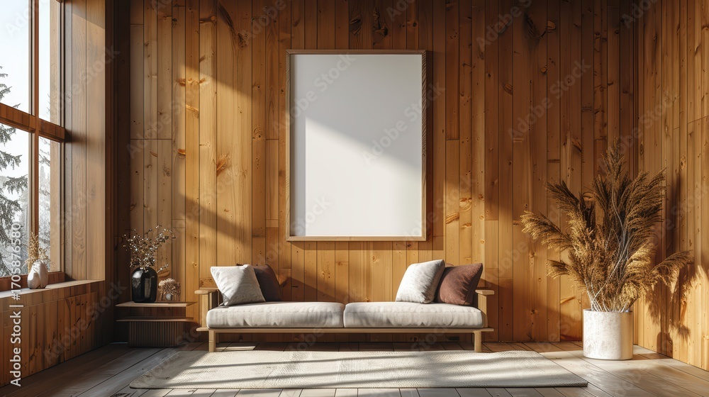 Fototapeta premium Cozy Living Room with Minimalist Decor and Natural Wood Elements