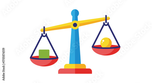 A colorful cartoon balance scale showing an imbalance between a green cube and a yellow sphere.