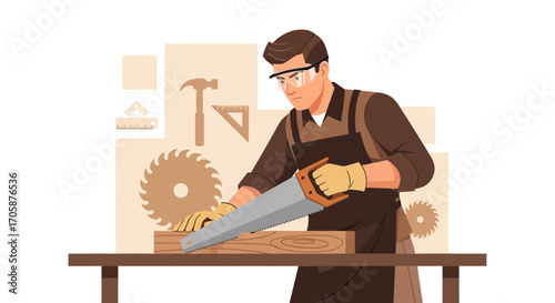 Craftsman Cutting Wood With Saw, Artistic Carpenter Skills, Wooden Board In Workshop.