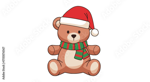 Cartoon Teddy Bear Wearing a Santa Hat and Striped Scarf for Christmas.