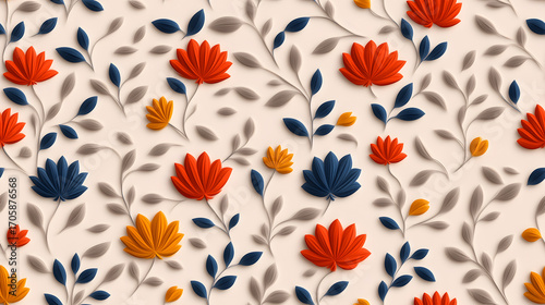 Elegant seamless floral pattern with red yellow blue flowers and beige leaves