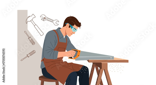 Craftsman Working On Wood With Hand Saw And Essential Tools For Building Projects