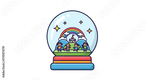 Vibrant Cartoon Snow Globe with Fantasy Castle Rainbow and Figures on Green Hill.