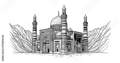 Mosque Architecture, Traditional Islamic Building with Minarets, Vector Illustration