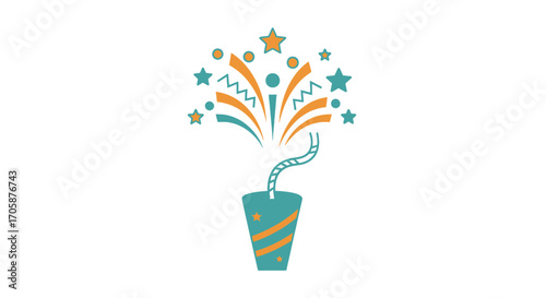 Festive Party Popper Exploding with Colorful Stars and Confetti.