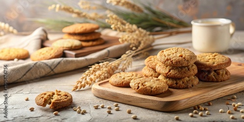 Delectable Homemade Oatmeal Cookies on Rustic Wooden Board with Scattered Seeds and Dried Wheat