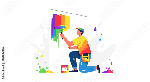 Creative Artist Painting A Colorful Wall Using A Paint Roller For Decoration