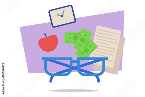 Representation of balancing various elements in life, featuring money, apple, clock, and paperwork, all interacting around pair of glasses