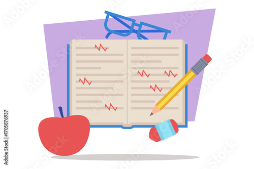 Study setup featuring open notebook with notes, apple, pencil, glasses, and eraser. School education concept