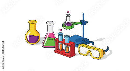 Colorful Chemistry Lab Equipment Illustration with Glassware and Safety Goggles.