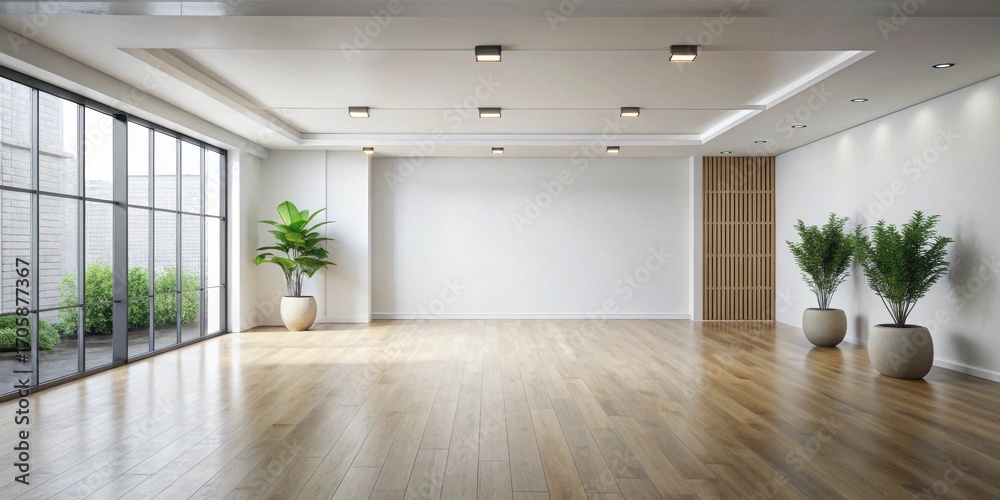 Fototapeta premium Spacious contemporary room interior design with hardwood floors, large windows, potted plants, and minimalist decor