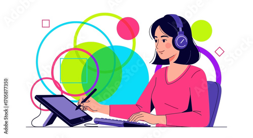 Creative Designer Working at Her Desk Using a Digital Tablet with Headphones On