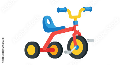 Colorful Red and Blue Childrens Tricycle with Yellow Accents.