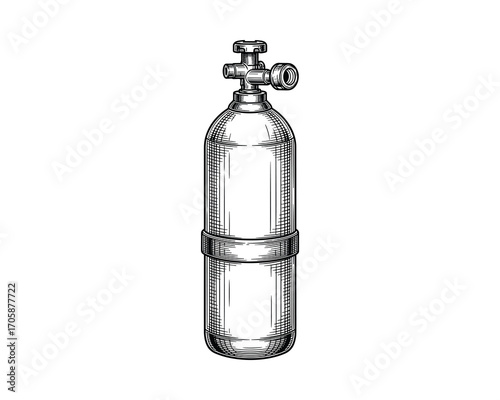 Oxygen Tank Engraving Style, Industrial Equipment, Cylinder Shape, Vector Illustration.