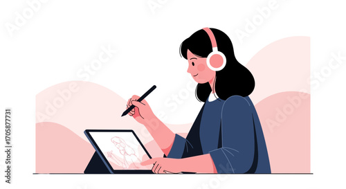 Creative Illustration Of Animated Person, Using Tablet And Headphone For Digital Artwork