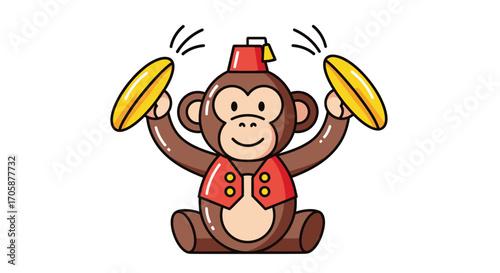 Cute Cartoon Monkey Playing Cymbals with Fez and Vest.