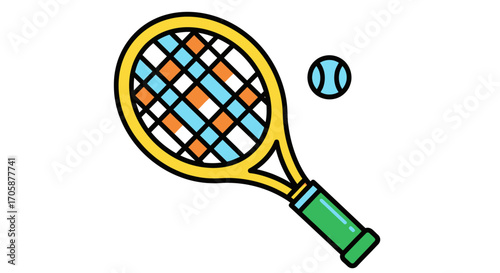 Yellow Tennis Racket and Ball Illustration.