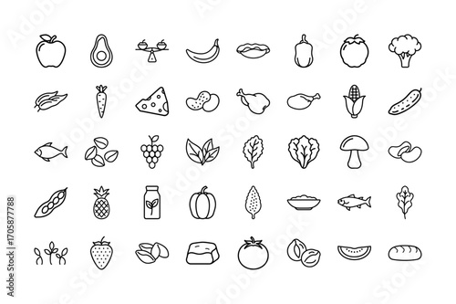 Nutrition and Healthy Food Line Art Icon Collection | Minimalist Vector Illustrations Featuring Fruits, Vegetables, Grains, Protein, and Wellness Symbols for Clean Modern Lifestyle and Diet Designs