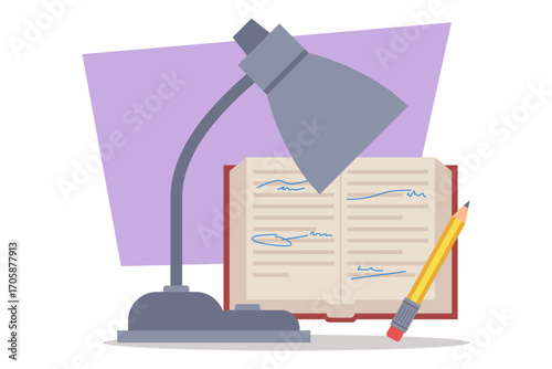Study area with desk lamp casting light on open notebook filled with handwritten notes with pencil nearby, ready for use