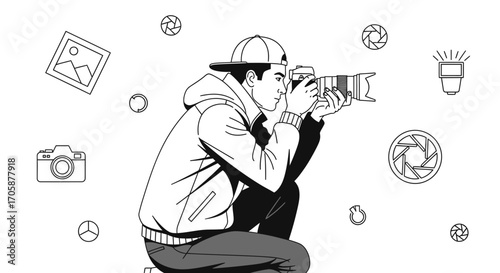 Creative Photographer Capturing Moments Using His Professional Digital Camera and Specialized