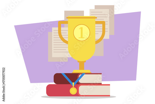 Golden trophy atop stacked books, symbolizing academic success and achievement. Papers arranged in background. Importance of education and diligence concept