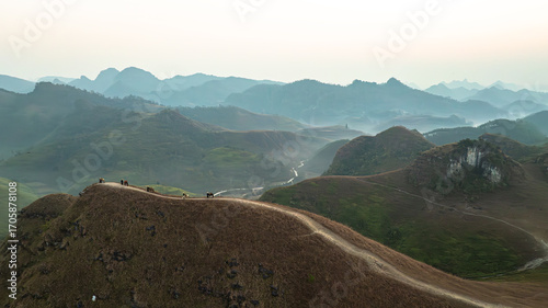 Fotografija Dawn on the high mountain peaks of Ha Lang area, with pack horses and people going to work