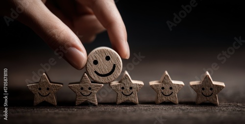 A hand places a smiling wooden token above wooden star-shaped tokens with happy faces arranged on a dark surface, suggesting satisfaction and positive feedback