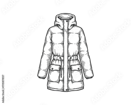 Padded Down Coat with Hood Vector Illustration, Winter Fashion Outerwear