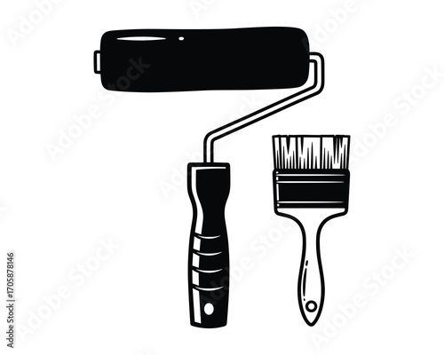 Paint Roller and Brush Black Silhouette, Painting Tools Vector Illustration