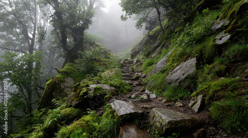 Misty forest path adventure mountain trail nature photography serene environment low angle tranquility and exploration
