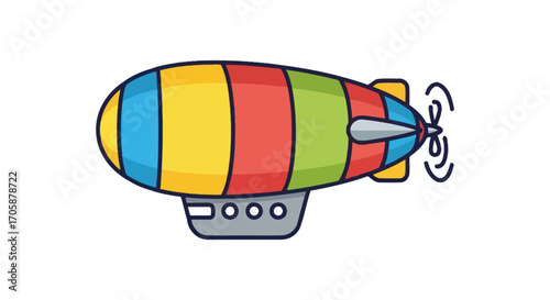 Colorful striped blimp with propeller and gondola.