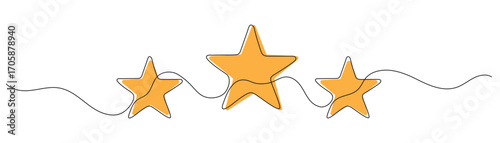 Continuous line drawing of stars. Background with single line drawing. Outline drawing of three stars. Hand drawn illustration of stars in continuous line style.