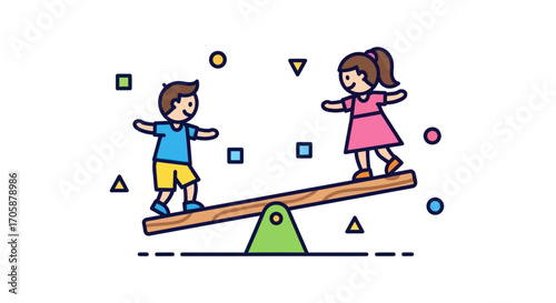 Happy Children Playing on a Seesaw.