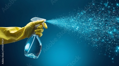 Hand in yellow glove spraying disinfectant bottle with glowing digital particles, conceptual futuristic illustration of cleaning, hygiene, technology, antivirus protection and data security