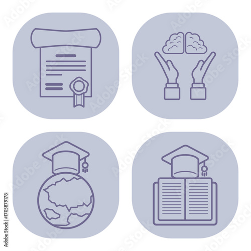 Collection of various education-related icons, including diploma, hands nurturing ideas, globe with graduation cap, and open book. Learning and growth concept