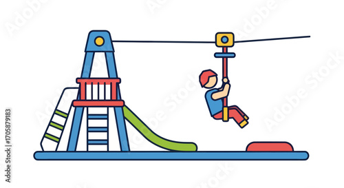 Colorful Outdoor Playground with Child on Zip Line Line Art Illustration.