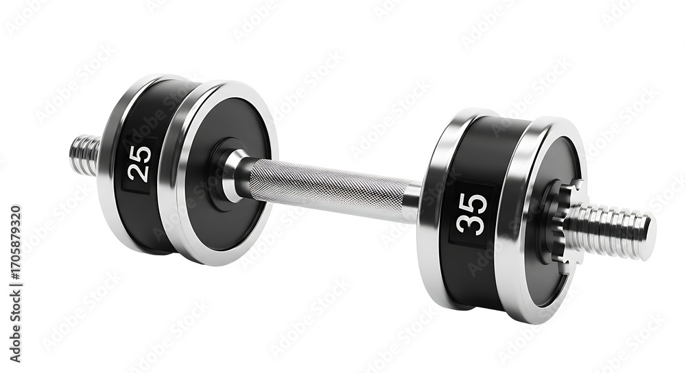 Naklejka premium A shot displays a chrome-plated dumbbell with black weight plates, highlighting the weight markers 25 and 35.