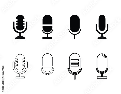 Microphone icon set, microphone logo icon, microphone icon silhouette line art, audio recording podcasting symbol, Podcast audio and music recording symbol,  vector illustration EPS 10.