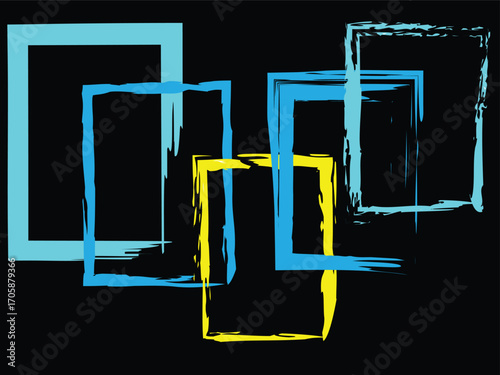 Abstract composition of colorful brush stroke frames on a stark black background