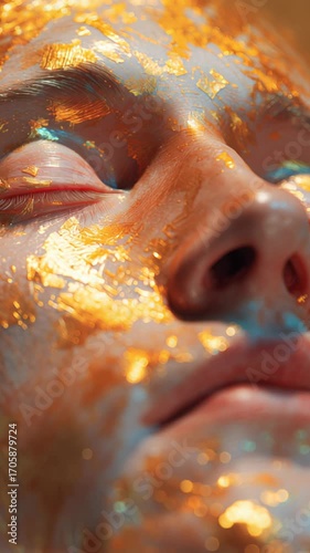 Illuminated face adorned with shimmering colors, exuding tranquility and artistry