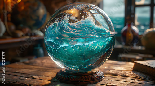 A magical crystal ball on a wizard’s staff revealing a vast ocean scene, blending fantasy, mysticism, and surreal oceanic wonder.  
