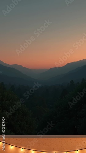Cozy balcony scene at sunset with glowing lights and mountain backdrop, serene ambiance